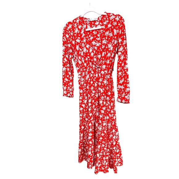 Zara Red Floral Print Faux Maxi with Ruffle Neck Accent - Picture 2 of 3